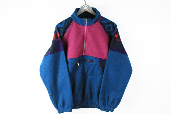 Vintage Fleece Half Zip Medium blue pink multicolor 90s sport winter sweater