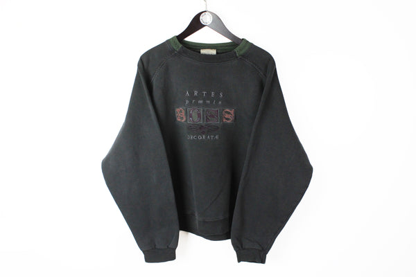Vintage Hugo Boss Sweatshirt Large black big logo Artes Praemio Decorate Excellence 80s retro crewneck