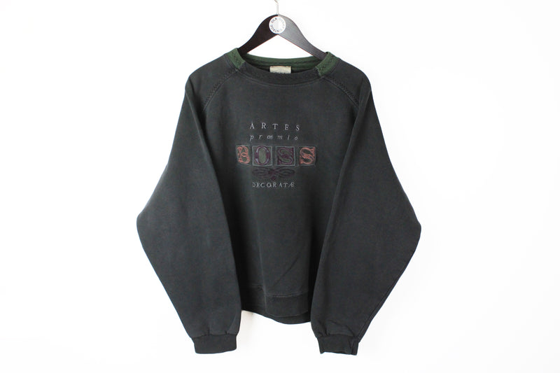 Vintage Hugo Boss Sweatshirt Large black big logo Artes Praemio Decorate Excellence 80s retro crewneck