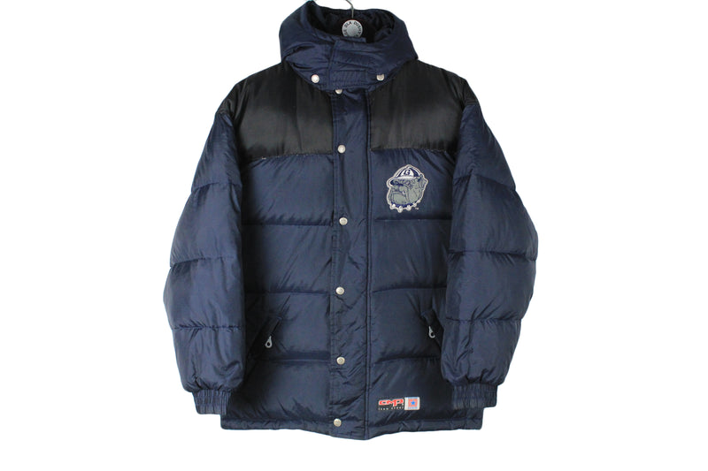 Vintage Georgetown Hoyas Jacket XSmall / Small size puffer down jacket winter warm clothing retro rare 90's 80's style streetwear navy blue hooded university team merch USA classic old school