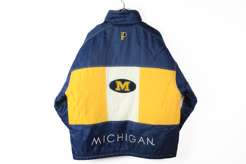 Vintage Michigan Wolverines Pro Player Jacket XLarge big logo 90s blue yellow University puffer winter  Basketball