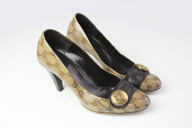 Gucci Monogram Heels Shoes Women's 38 authentic gold medal coin shoes
