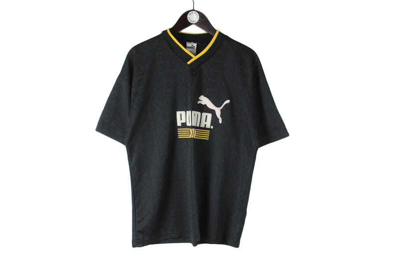Vintage Puma T-Shirt Medium black King big logo 90s v-neck polyester sport jersey