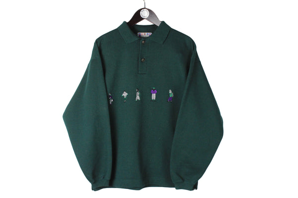 Vintage Sweatshirt Medium / Large size men's collared retro pullover green fancy logo 90's 80's street style wear pullover human embroidery logo