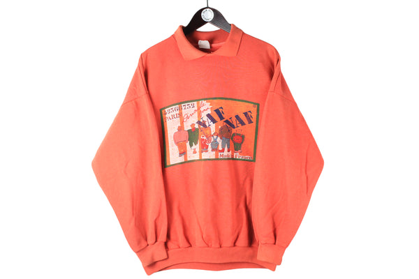 Vintage Naf Naf Sweatshirt Medium red big logo 90s retro sport style crewneck collared jumper