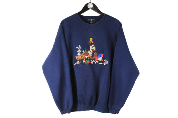 Vintage Looney Tunes Warner Bros Sweatshirt Medium / Large navy blue big logo 90s crewneck cartoon merchandise pullover