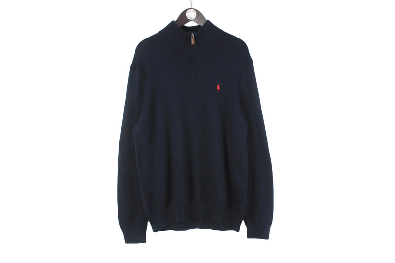 Vintage Polo by Ralph Lauren Sweater XLarge navy blue 1/4 zip retro small logo classic winter jumper 90s