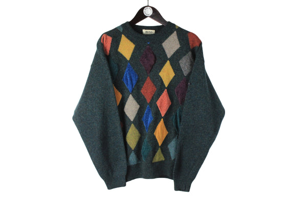 Vintage Hugo Boss Sweater Medium made in West Germany 80s green multicolor geometric pattern pullover 