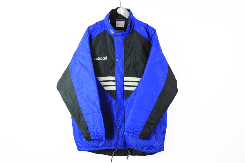 Vintage Adidas Jacket Large blue black puffer winter full zip snap 90s sport style rave down jacket