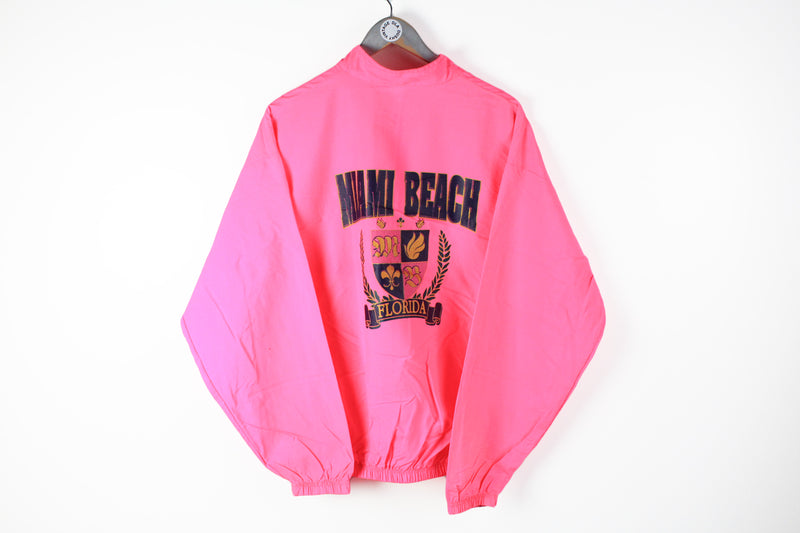 Vintage Miami Beach Surf Style Anorak Jacket Medium / Large big logo pink retro 80s style half zip made in USA Florida