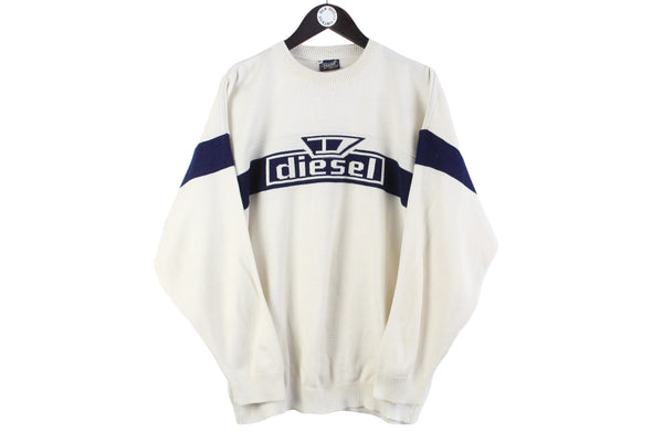 Vintage Diesel Sweater Large big logo pullover 90s white blue retro USA jumper