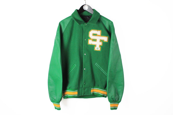 Vintage San Francisco Soccer Varsity Jacket Large / XLarge green 90's wool and leather authentic snap buttons made in USA bomber