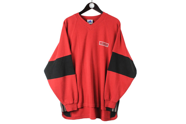 Vintage Adidas Sweatshirt Large red big logo 90s sport style v-neck jumper classic athletic 3 stripes