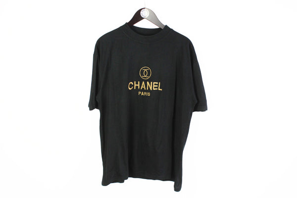 Vintage Chanel Bootleg Big Embroidery Logo Large black gold logo 90s 80s cotton retro style tee