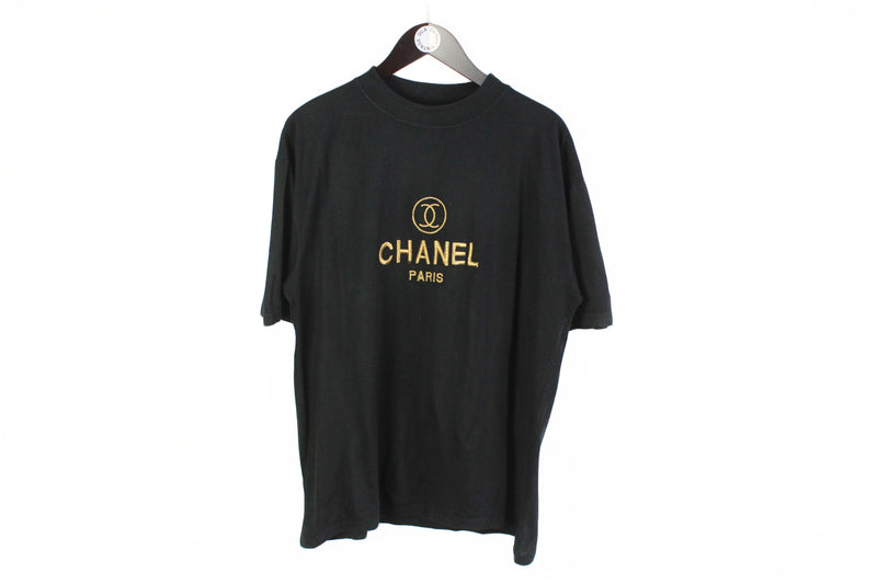 Vintage Chanel Paris Big Logo Gold Embroidery T Shirt Black 90s Luxury 