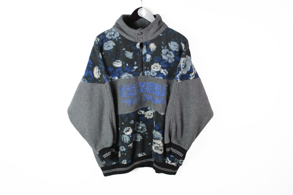 Vintage Fleece 1/4 Zip Small gray blue 90's sport style floral pattern snowboard sweater