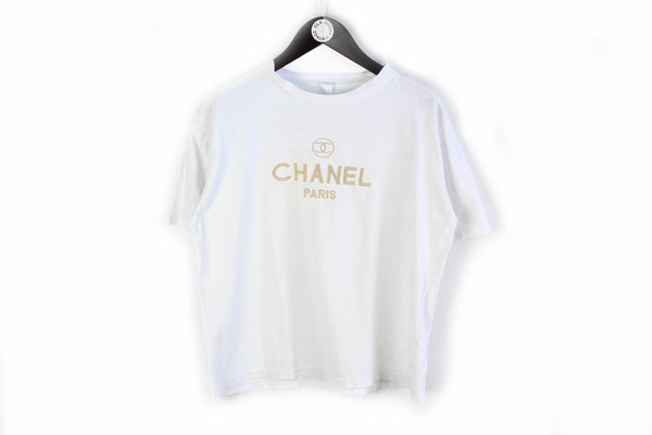 Vintage Chanel Bootleg Big Embroidery Logo Small white gold logo 90s retro tee