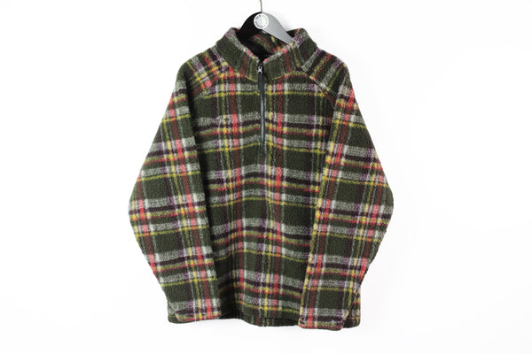 Vintage Fleece 1/4 Zip Large plaid 90s sport style sweater retro sherpa Cotton Trades jumper