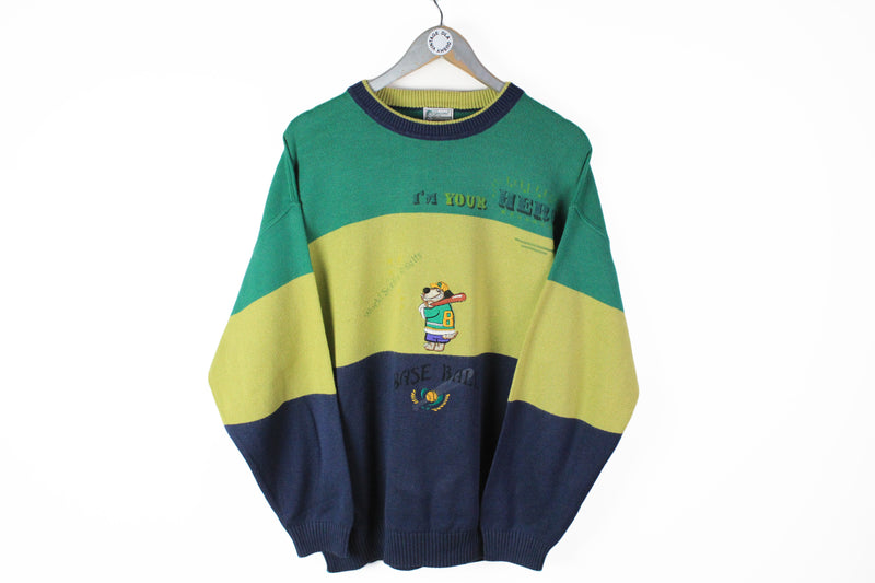 Vintage Baseball Sweater Medium multicolor green yellow 80s sport made in Italy jumper