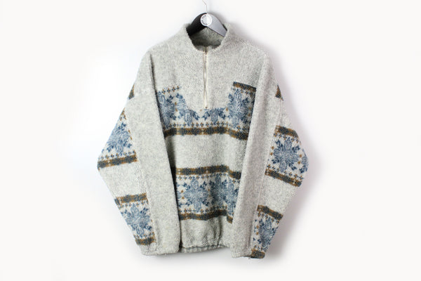 Vintage Fleece 1/4 Zip Large / XLarge gray abstract pattern winter outdoor ski sweater
