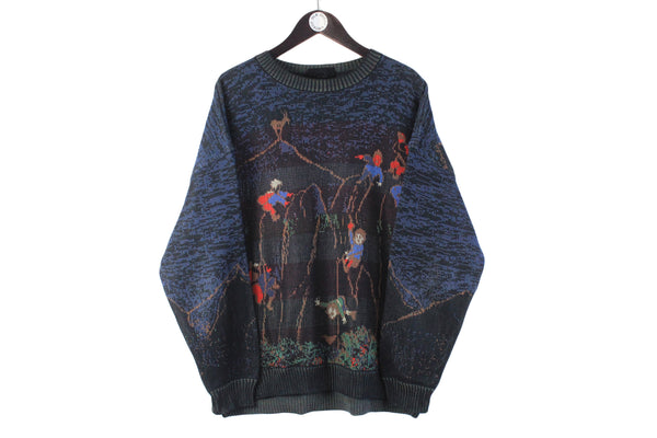 Vintage Bogner Sweater XLarge / XXLarge blue human pattern 90s retro style pullover made in West Germany