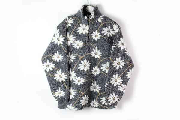 Vintage Fleece 1/4 Zip Women's Medium gray daisy pattern floral print sweater
