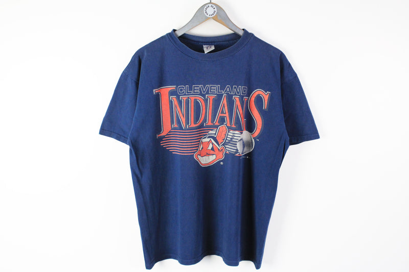 Vintage Indians Cleveland T-Shirt Medium / Large blue big logo MLB 90s navy blue retro sport tee 1991 7 logo