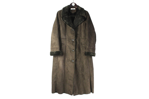 Vintage Balmain Coat Women's 42 brown suede polyester leather heavy jacket luxury 