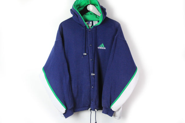 Vintage Adidas Snap Buttons Hoodie Medium blue 3 strips 90s sport cozy jumper