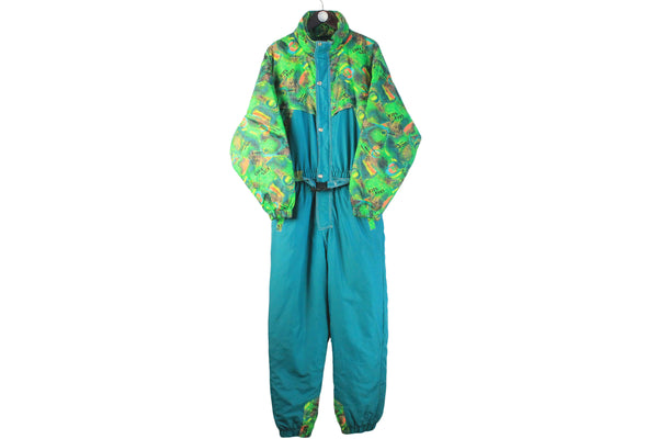 Vintage Ski Suit Large green abstract pattern 90s retro jumpsuit sport ski style coveralls