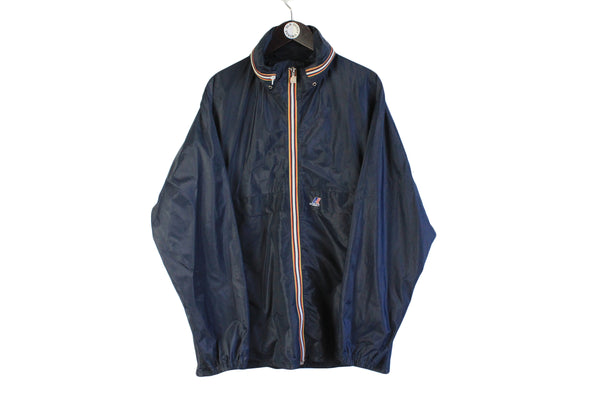 Vintage K-Way Jacket XLarge full zip hooded windbreaker navy blue raincoat 90's style old school basic long sleeve  