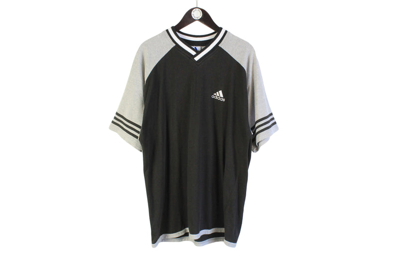 Vintage Adidas T-Shirt XLarge jersey black gray front logo half sleeve v-neck sport athletic authentic style