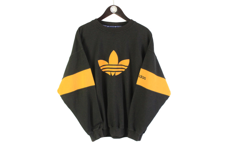Vintage Adidas Sweatshirt Medium big logo pullover crewneck germany style 90's wear black yellow 3 strips brand retro rare wear 