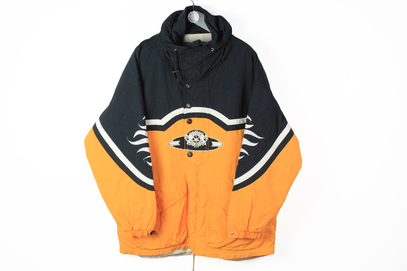 Vintage Bogner Markus Wasmeier Jacket Large orange big logo wild pattern 90s ski sport mountain coat
