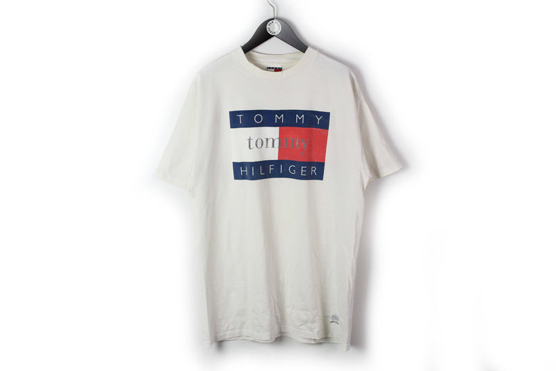 Vintage Tommy Hilfiger T-Shirt XLarge / XXLarge white big logo 90s made in USA cotton tee