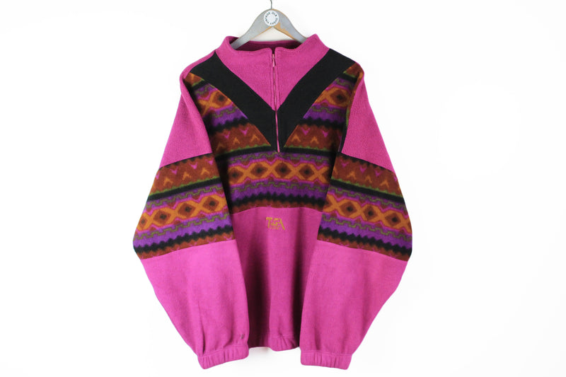 Vintage Fleece Half Zip Large pink multicolor 1980s ski sport sweater