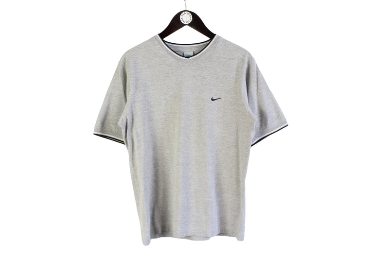 Vintage Nike T-Shirt Medium gray basic sport summer tee front logo short sleeve v-neck 90's retro rare style cotton