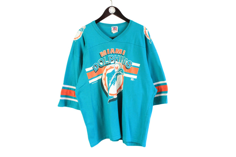 Vintage Miami Dolphins T-Shirt XLarge made in usa retro rare wear big logo aythentic athletic sport clothing 90's 80's wear team style nfl football top v neck half sleeve