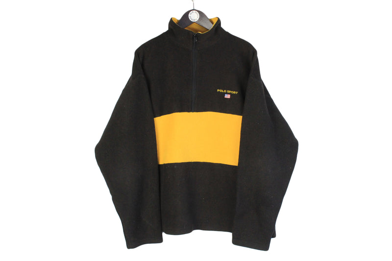Vintage Polo Sport Fleece XLarge size warm pullover half zip bright black yellow 90's 80's style winter streetwear mountain sweatshirt