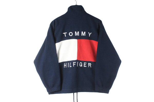 Vintage Tommy Hilfiger Bootleg Fleece Full Zip Small navy blue big logo 90s retro sport sweater classic jumper