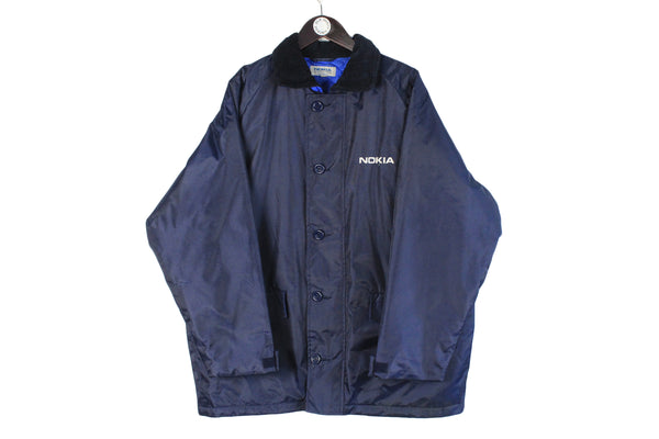 Vintage Nokia Jacket Large / XLarge size oversize men's coat big logo rare retro brand basic navy blue wear 90's 80's style mobile phone Connecting People