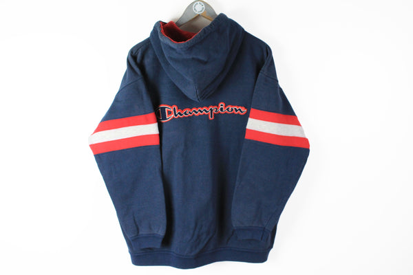 Vintage Champion Hoodie Full Zip Medium blue hooded 90s sport jumper