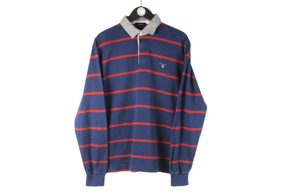 Vintage Gant Rugby Shirt Large striped pattern 90s retro navy blue collared jumper sweatshirt long sleeve t-shirt