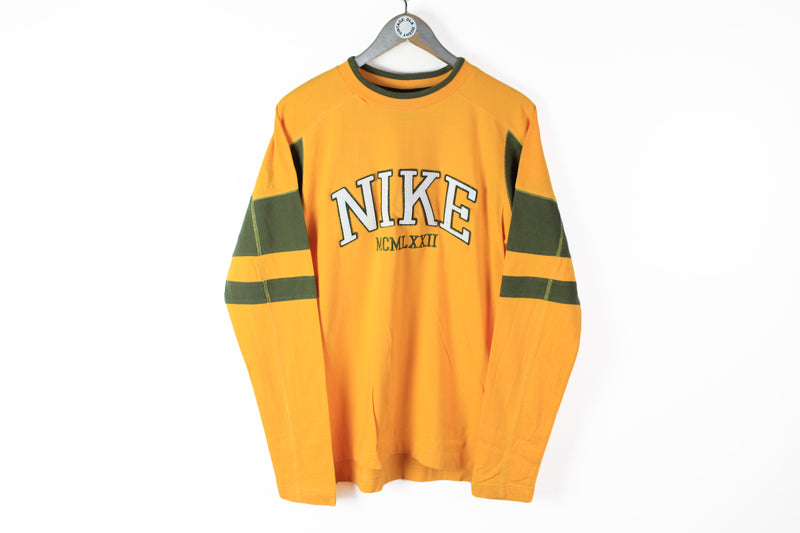 Vintage Nike Long Sleeve T-Shirt Large yellow sweatshirt big logo 90s sport tee