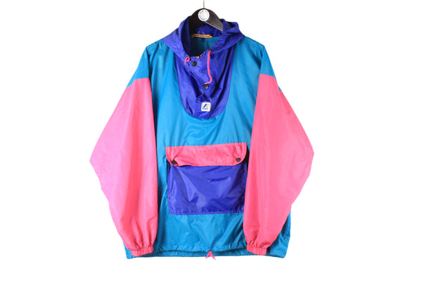 Vintage K-Way Anorak Jacket Large blue pink 90s retro raincoat sport style windbreaker 