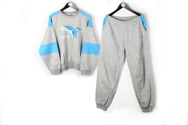 Vintage Puma Tracksuit Medium gray big logo 90s authentic sweatshirt + pants sport athletic suit cotton 
