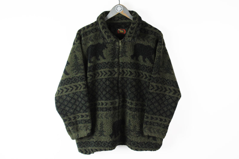 Vintage Fleece Full Zip Small green sherpa 80s animal pattern bear polar sweater