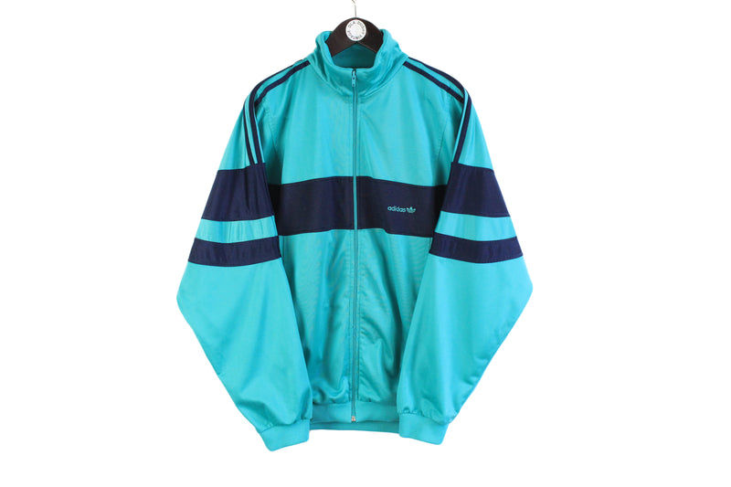 Vintage Adidas Track Jacket XLarge green blue 3 strips brand germany 80's 90's style sport athletic authentic wear full zip windbreaker retro rare clothing