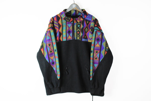 Vintage S Oliver Fleece 1/4 Zip Large black multicolor 90s retro style sport swewater