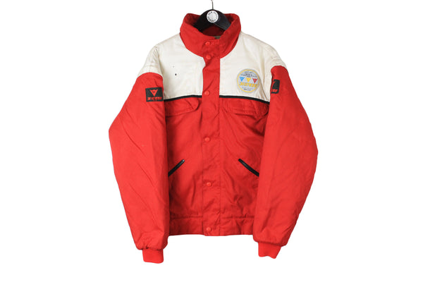 Vintage Racing Jacket Large size men's race winter puffer bright red white full zip warm down jacket 90's 80's style ski sport